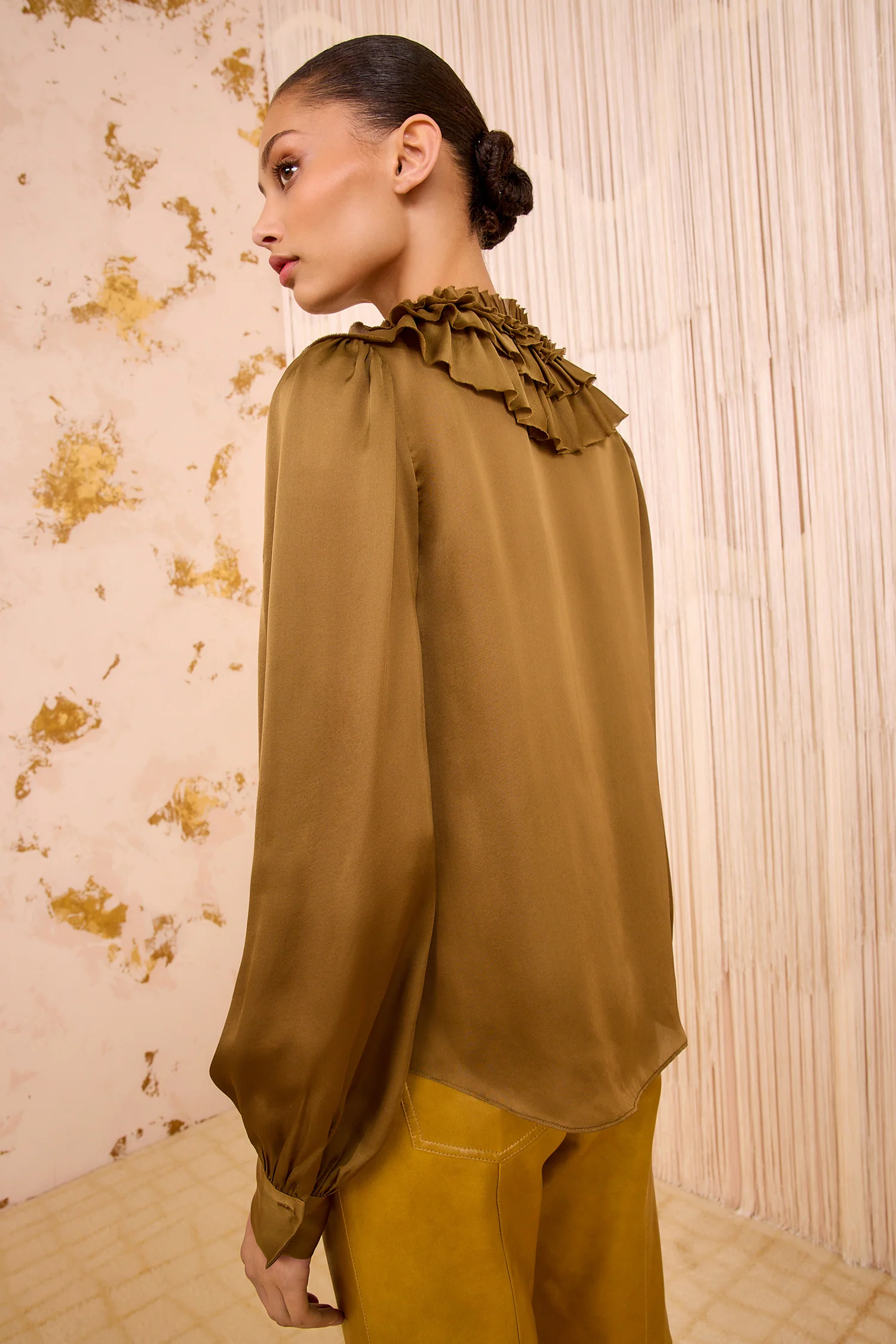 Rouen Silk Ruffle Front Long Sleeve Blouse - Willow - Image 4